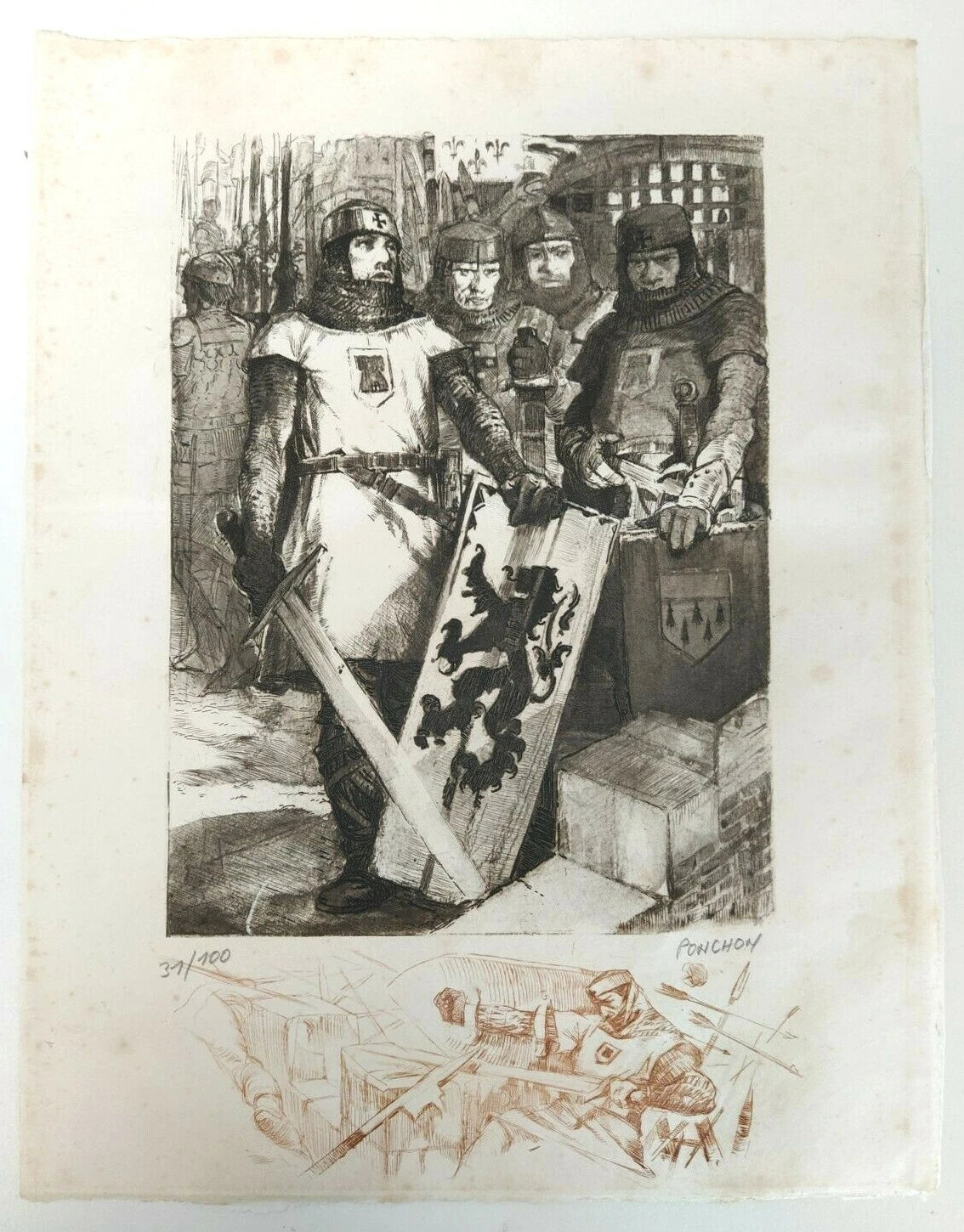 Eau forte, scène médiévale, signature Ponchon tirage 31/100