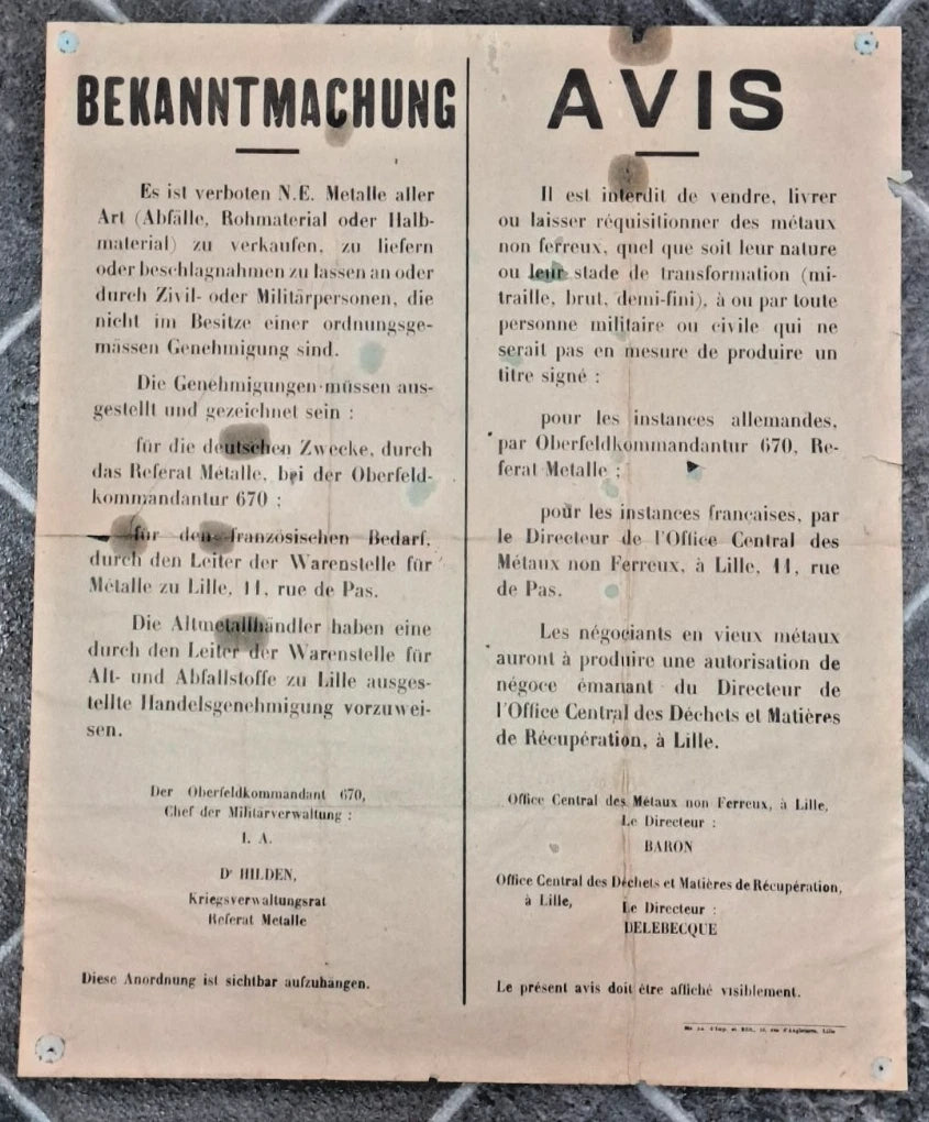 Affiche allemande Interdiction de vendre des métaux non ferreux Oberfeldkommandantur 670 Lille 1940-1944
