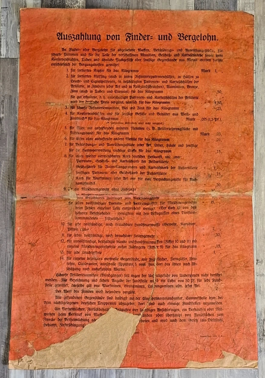 Affiche allemande Auszahlung von Finder- und Bergelohn 1914-1918