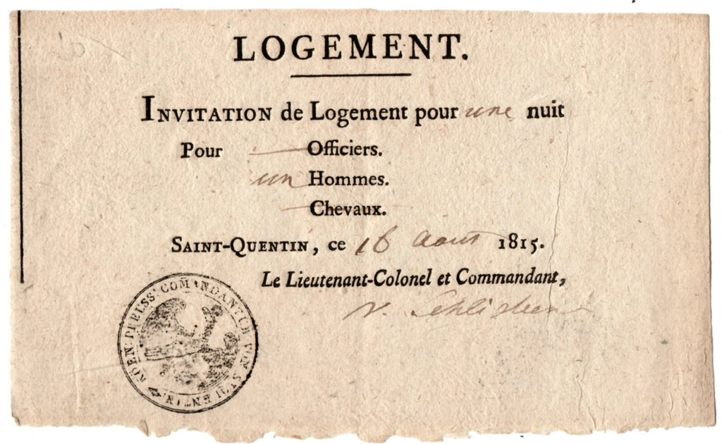 Billet de logement d'un soldat Prussien St-Quentin 16 aout 1815 tampon