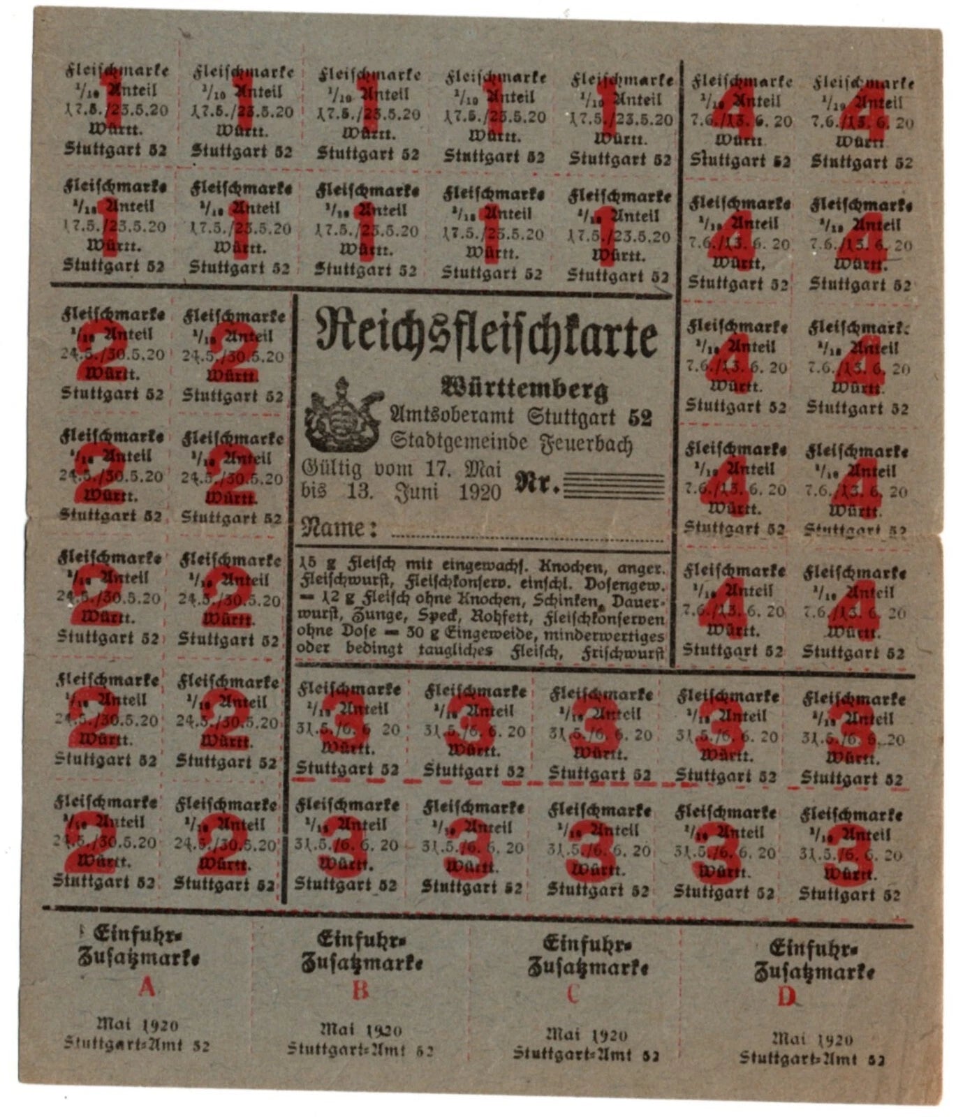 Carte rationnement viande Reichsfleischkarte 1920