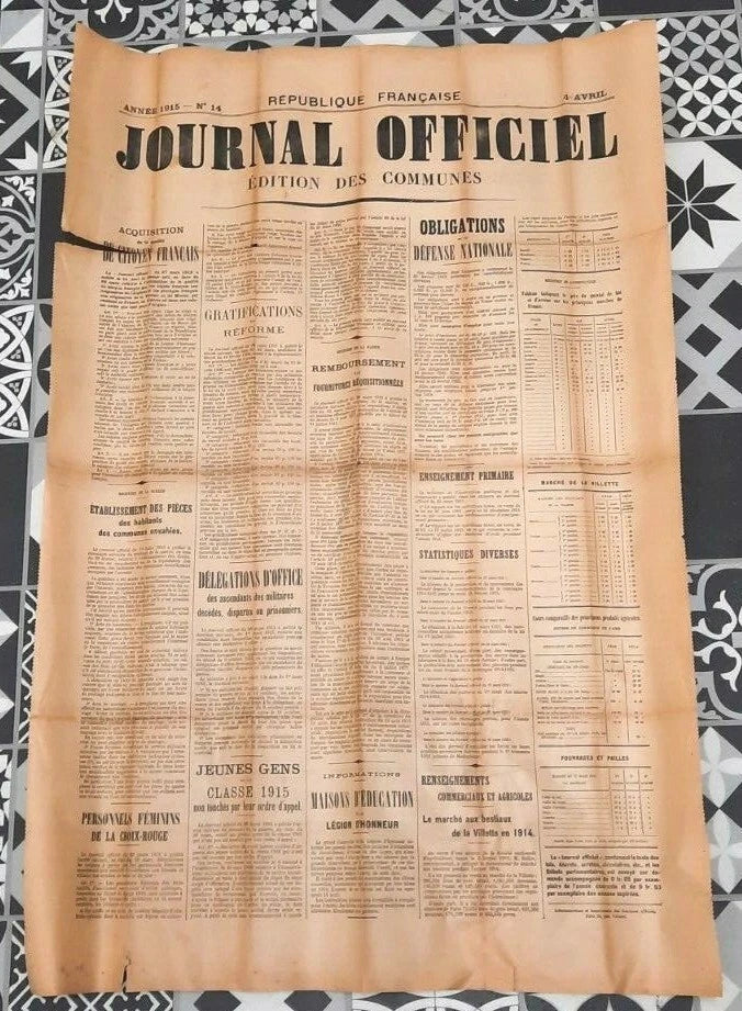 Affiche Journal Officiel édition des communes datée du 4 avril 1915