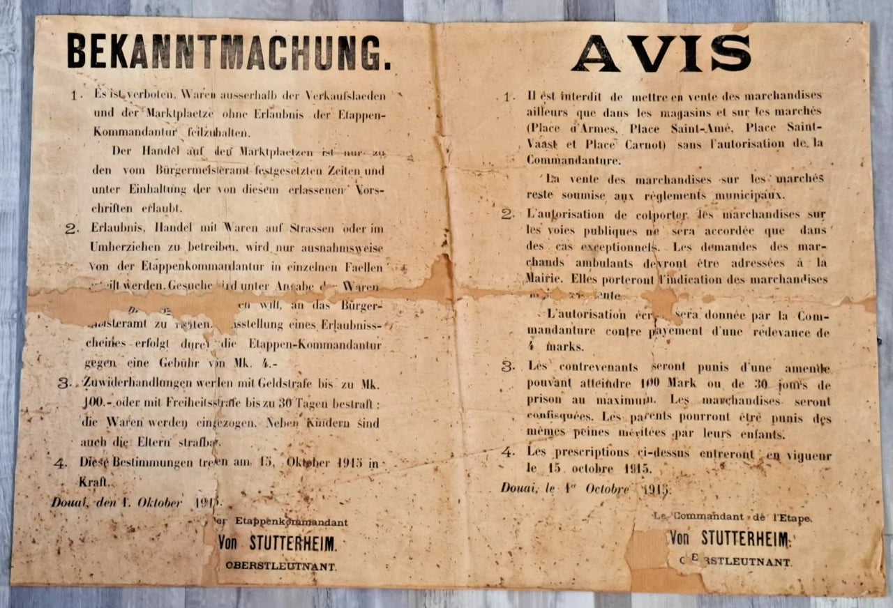 Affiche allemande Bekanntmachung / Avis Douai 1er octobre 1915
