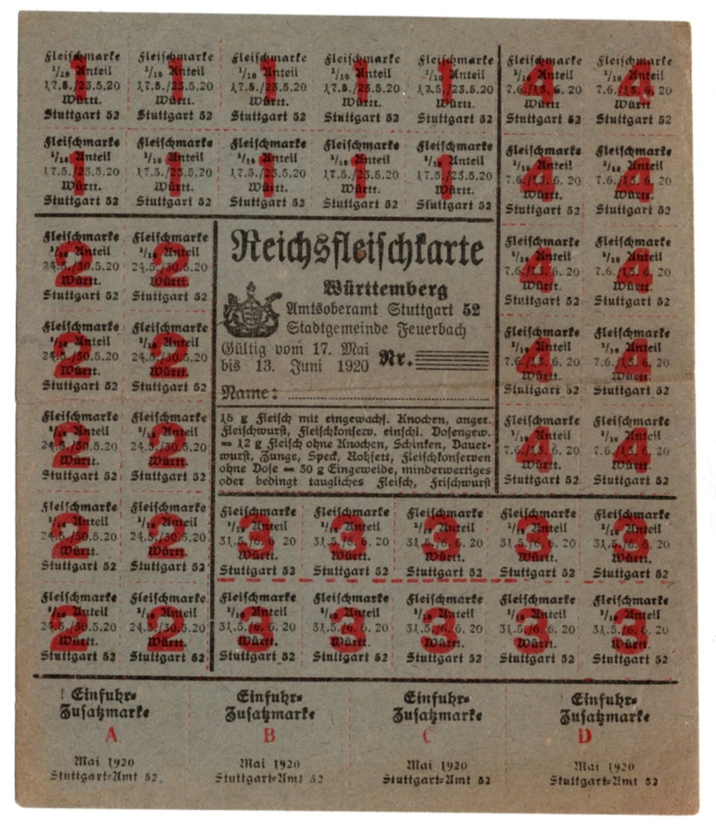 Carte rationnement viande Reichsfleischkarte 1920