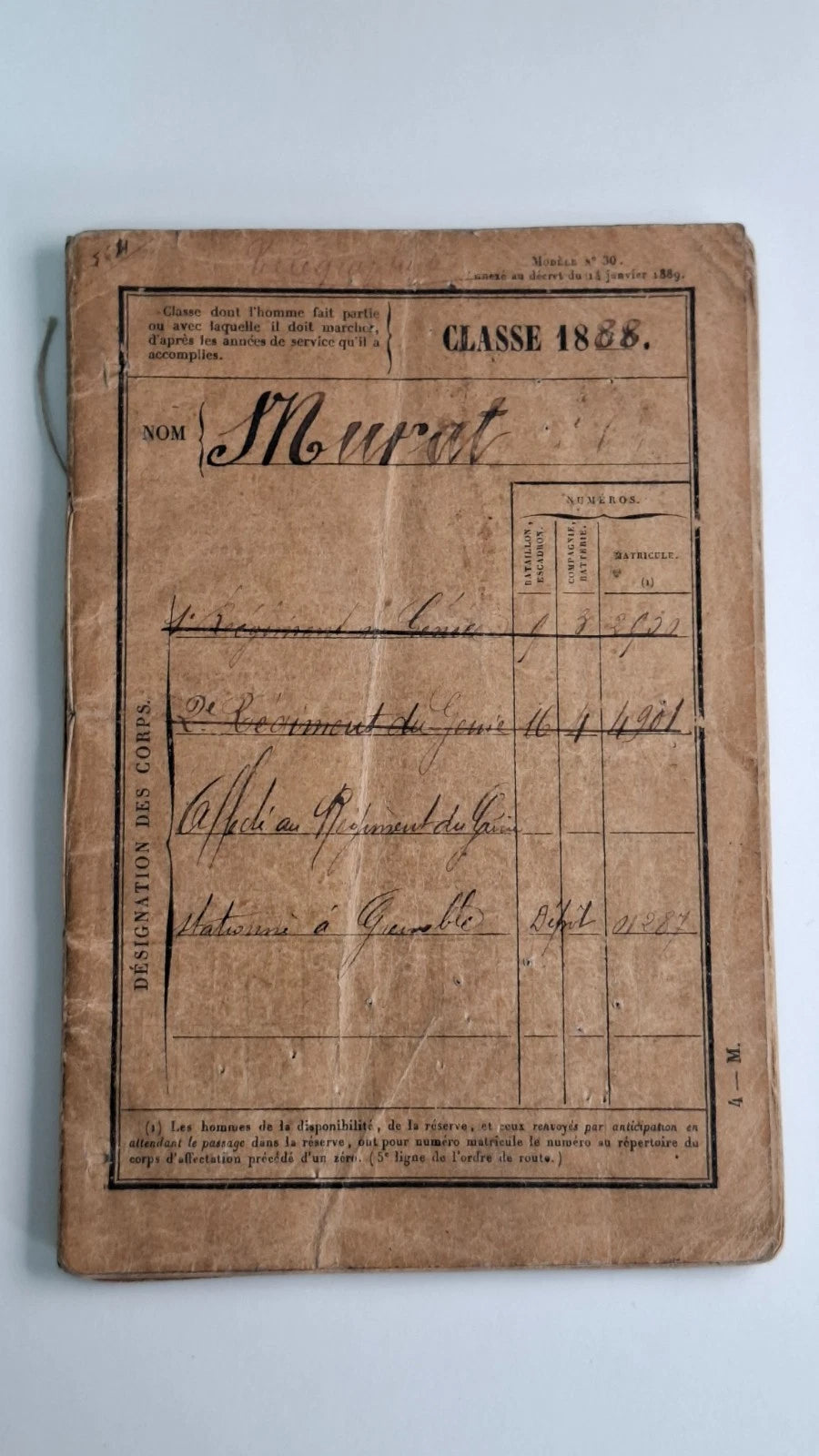 Livret de Claude Murat 1e Régiment du Génie. campagne Tunisie 1891-92