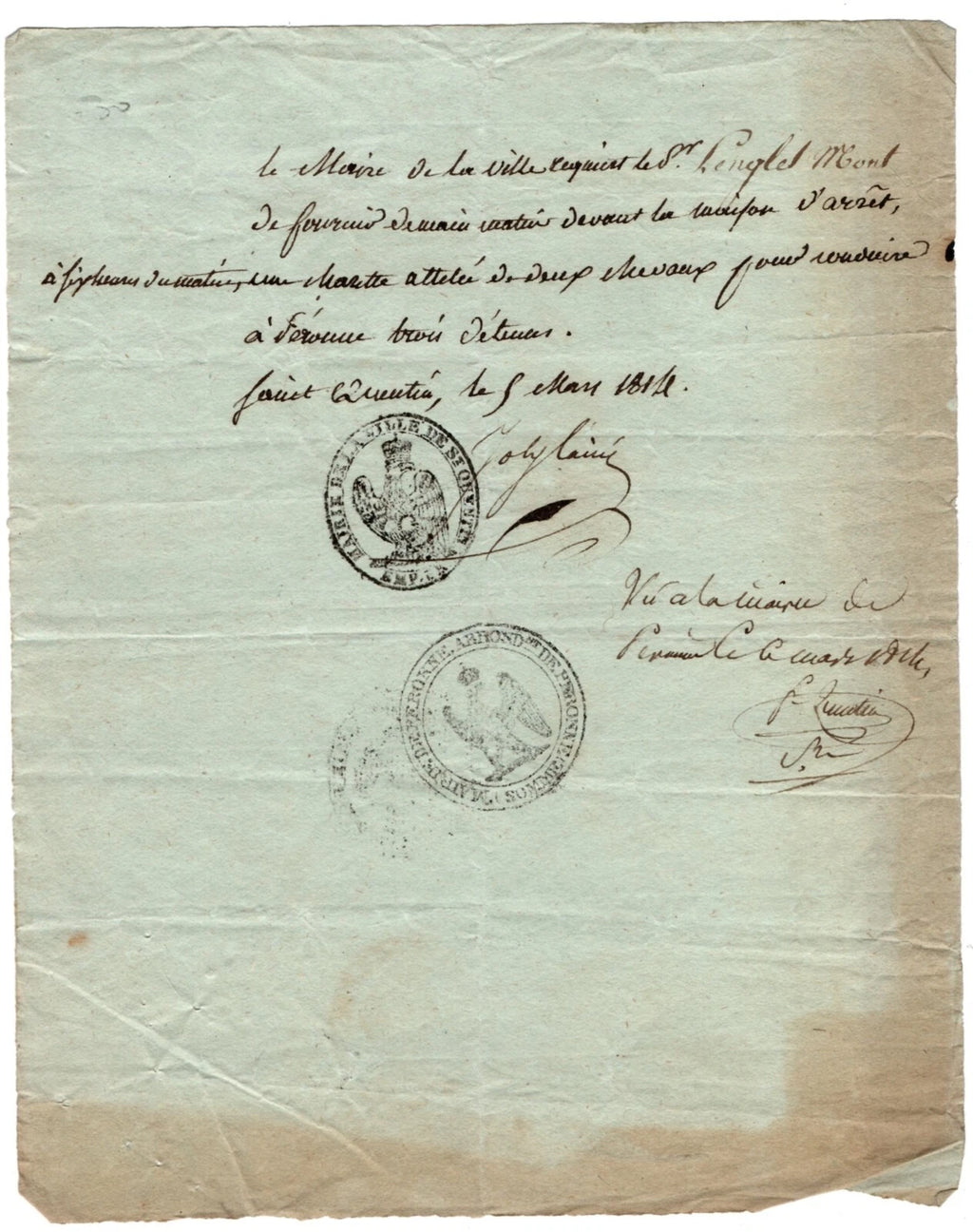 Lettre de réquisition (espions anglais) St Quentin 5 mars 1814 tampon