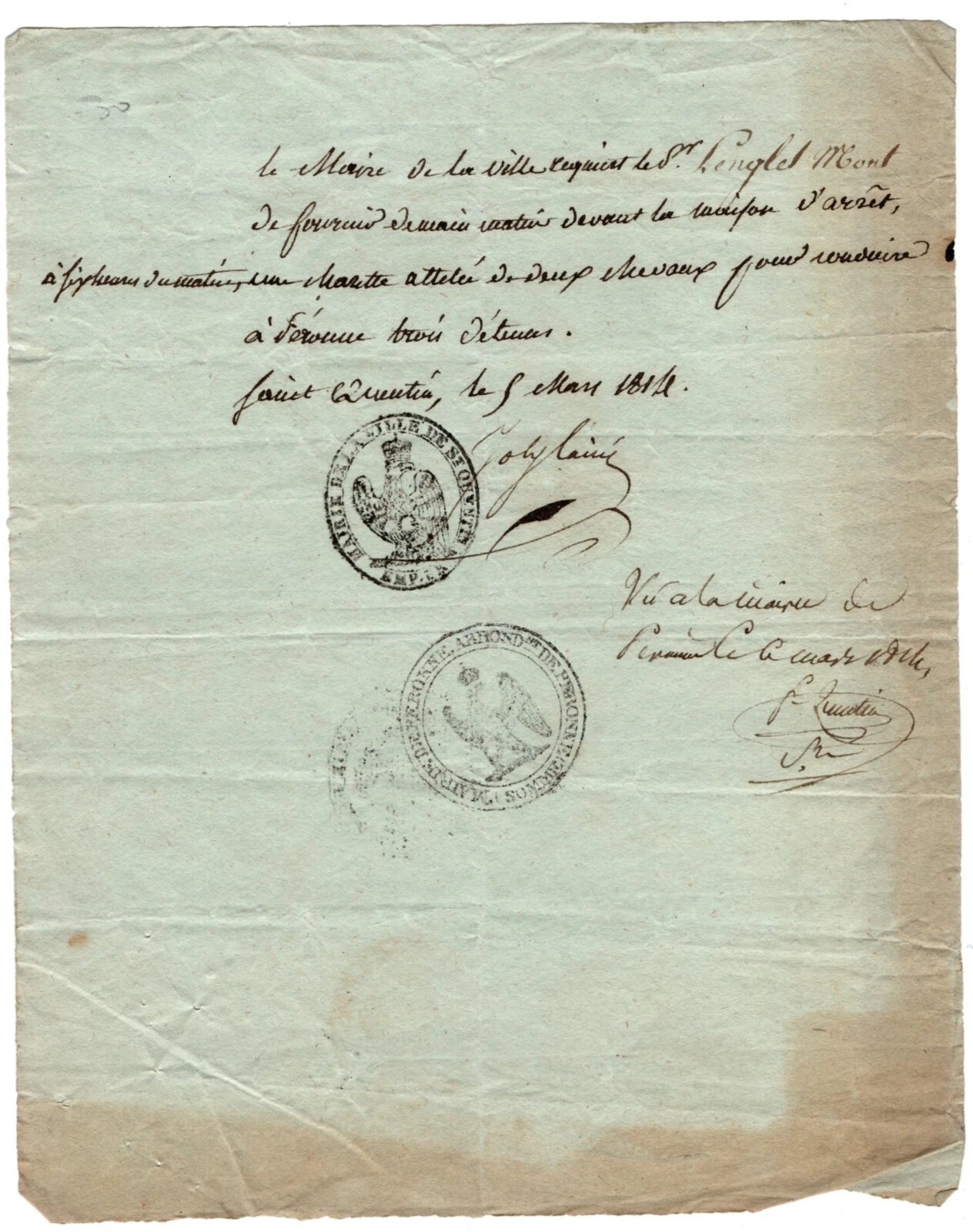 Lettre de réquisition (espions anglais) St Quentin 5 mars 1814 tampon