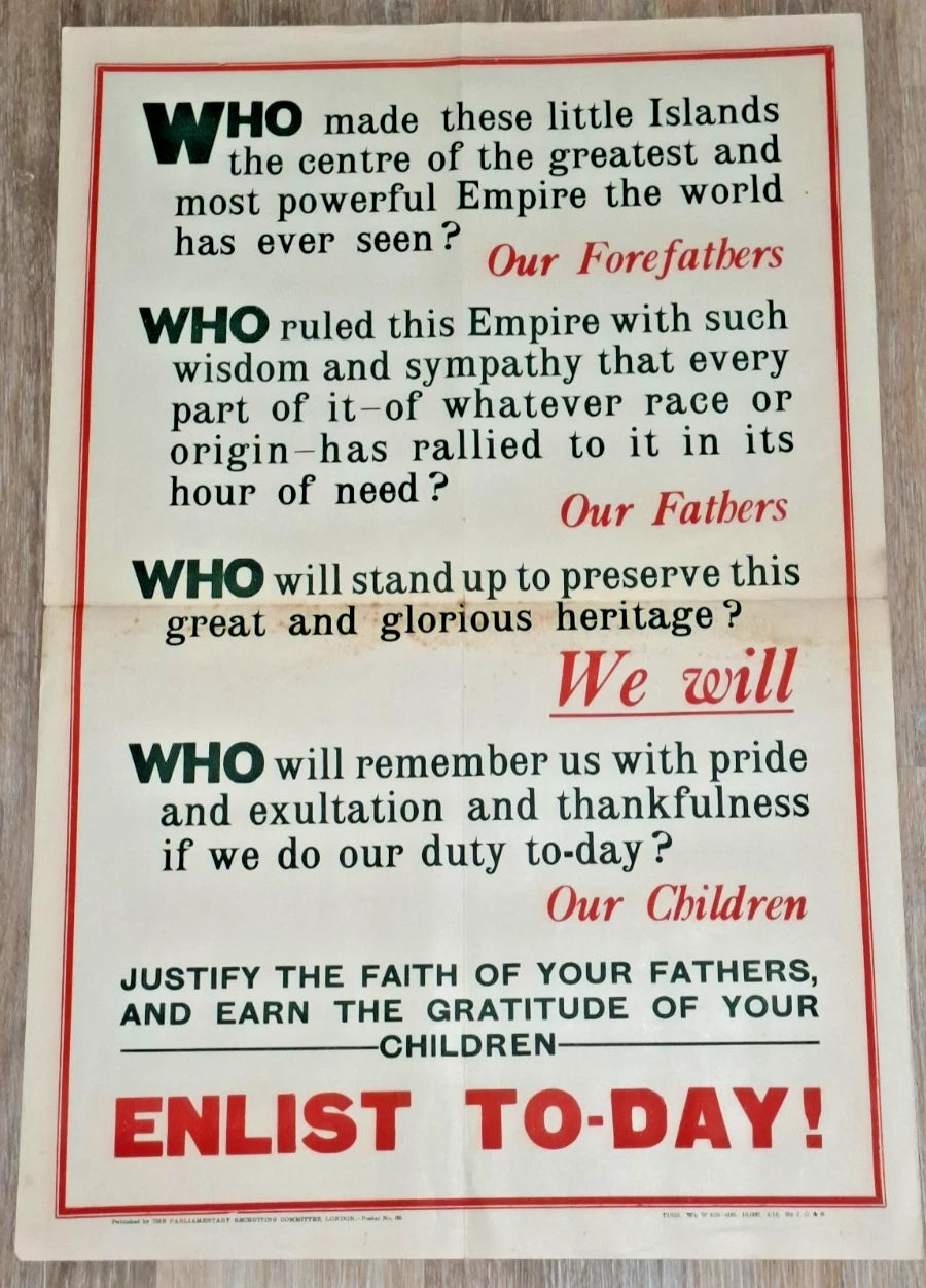 "Enlist To-day" genuine WW1 Army recruiting poster