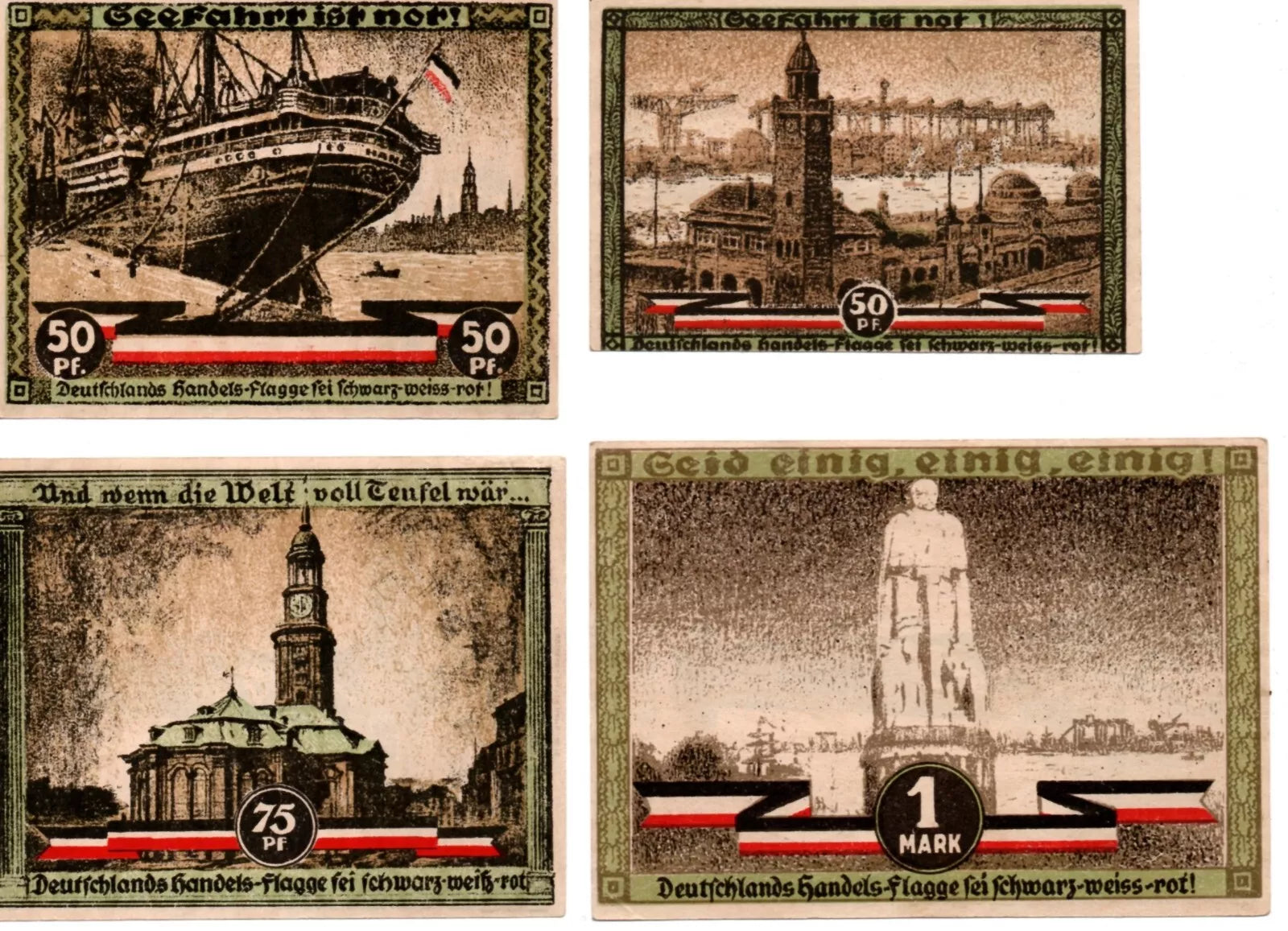 4 billets (2x 50Pf. - 75 Pf.- 1 Mark) 1921 Hamburg (Allemagne)