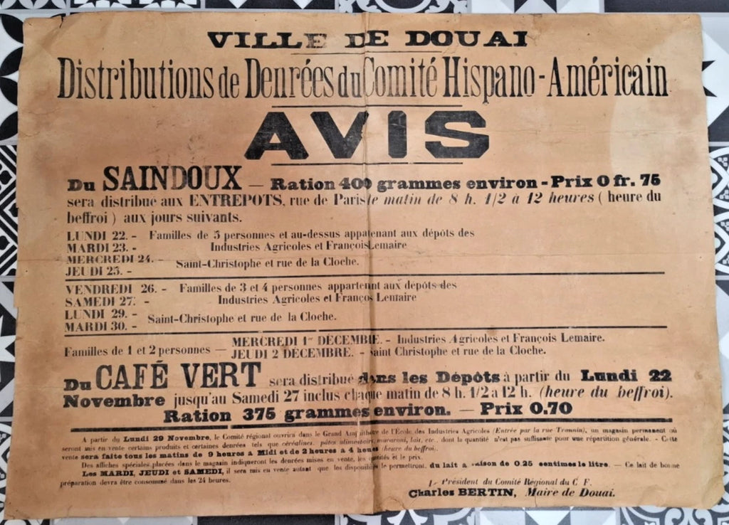 Affiche distributions de denrées du Comité Hispano-Américain Douai novembre 1915 M