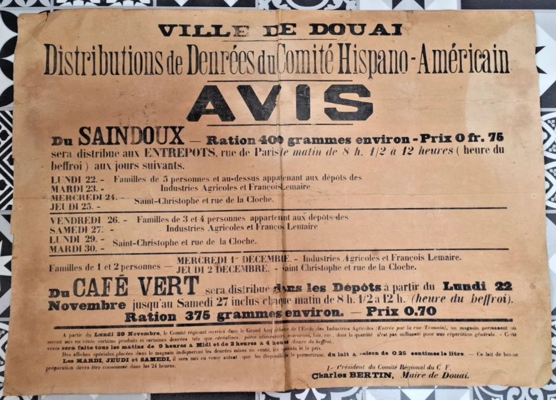 Affiche distributions de denrées du Comité Hispano-Américain Douai novembre 1915 M