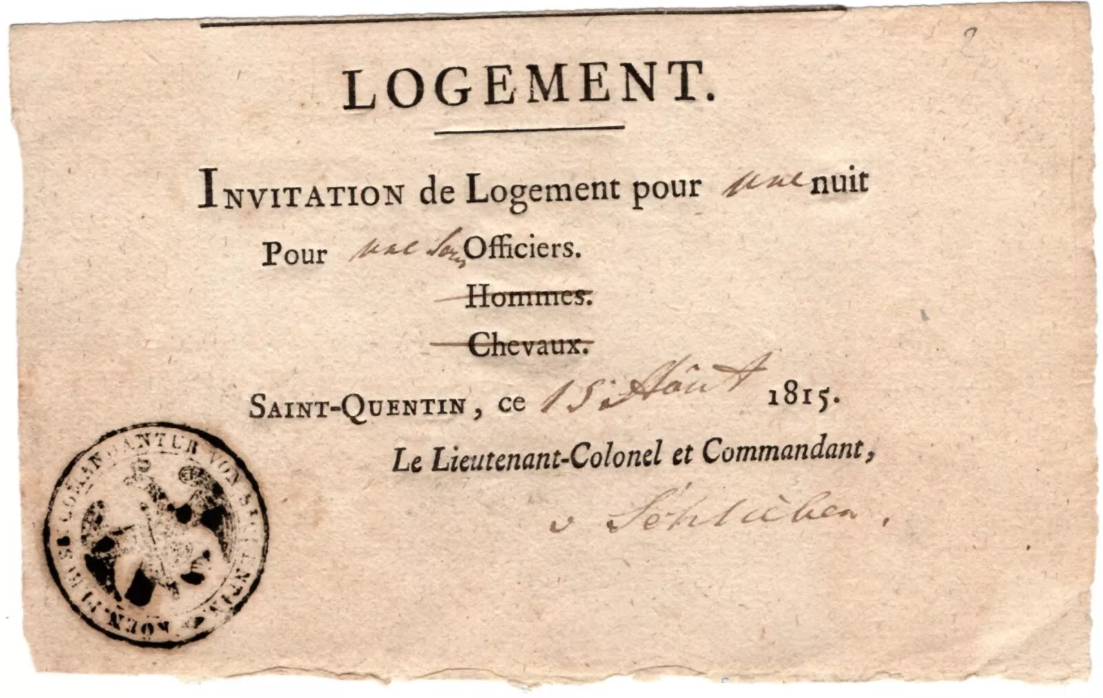 Billet de logement d'un sous-officier Prussien St-Quentin 15 aout 1815 tampon