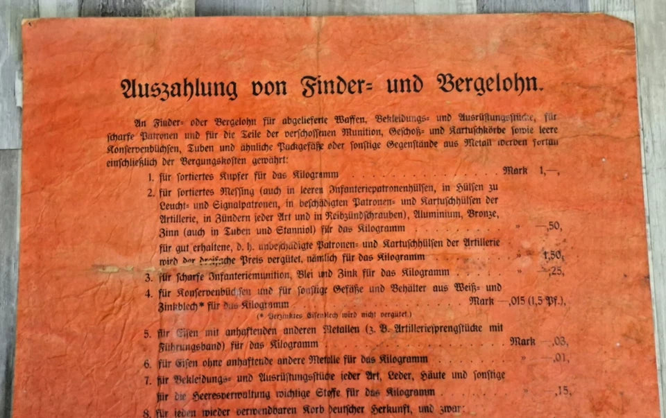Affiche allemande Auszahlung von Finder- und Bergelohn 1914-1918