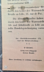 Affiche allemande Interdiction de vendre des métaux non ferreux Oberfeldkommandantur 670 Lille 1940-1944