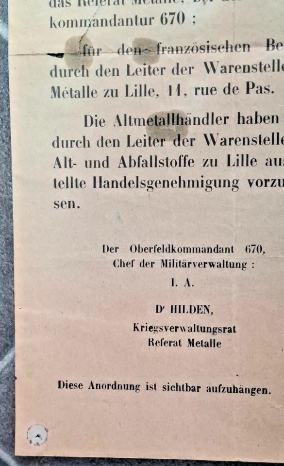 Affiche allemande Interdiction de vendre des métaux non ferreux Oberfeldkommandantur 670 Lille 1940-1944