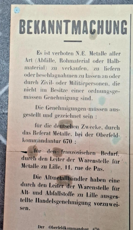 Affiche allemande Interdiction de vendre des métaux non ferreux Oberfeldkommandantur 670 Lille 1940-1944