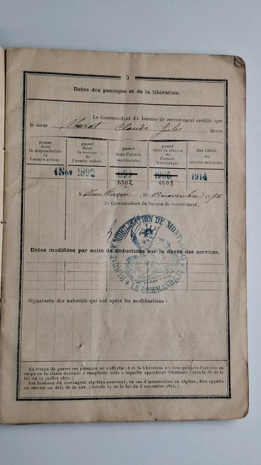 Livret de Claude Murat 1e Régiment du Génie. campagne Tunisie 1891-92