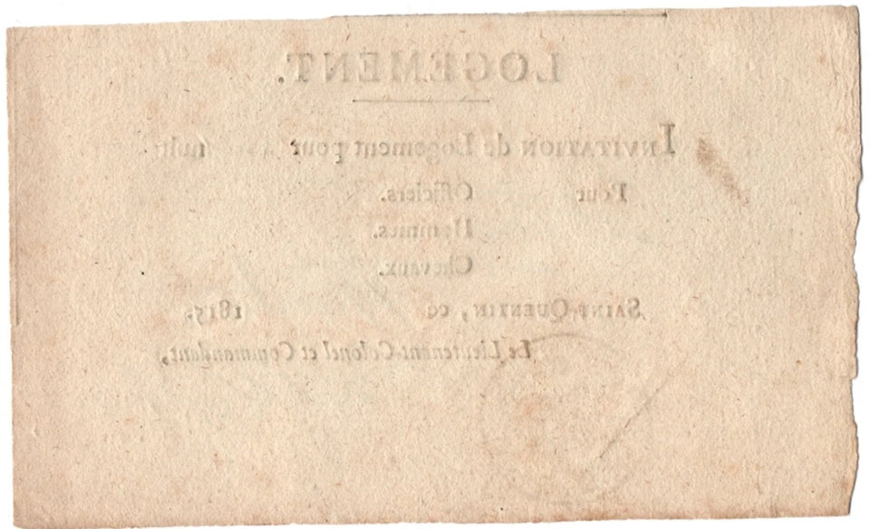 Billet de logement d'un soldat Prussien St-Quentin 16 aout 1815 tampon