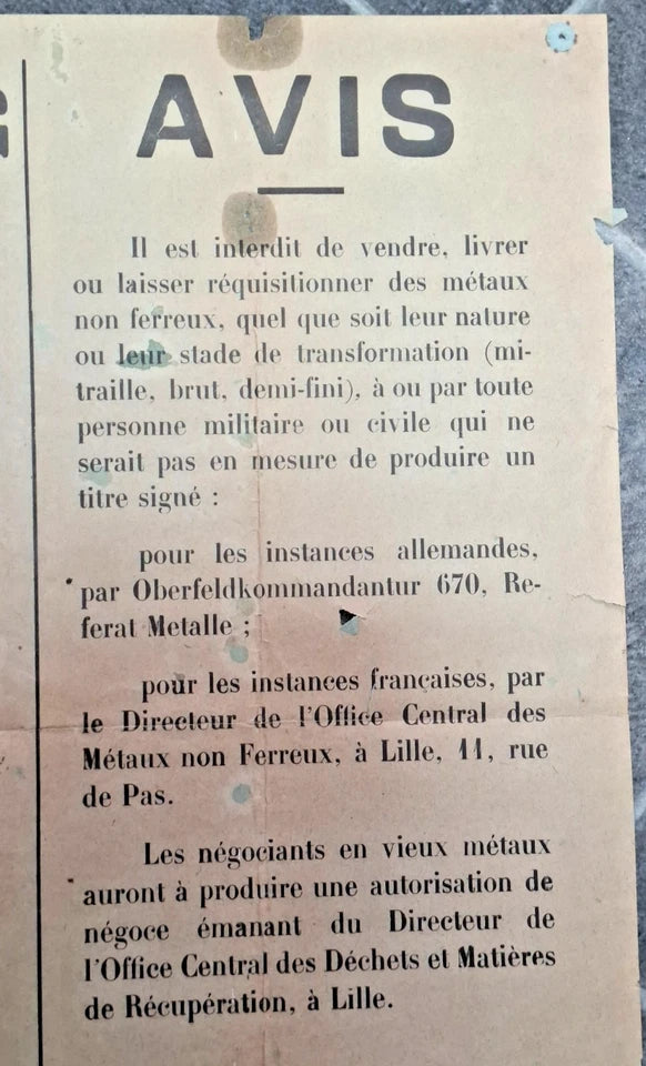 Affiche allemande Interdiction de vendre des métaux non ferreux Oberfeldkommandantur 670 Lille 1940-1944