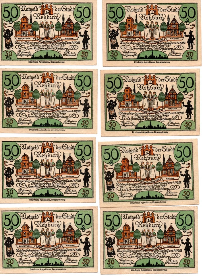 Série 8 billets (50 Pfennigs) 1921 Rehburg (Allemagne)