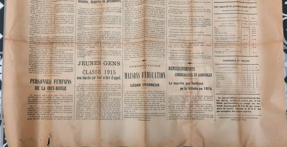 Affiche Journal Officiel édition des communes datée du 4 avril 1915