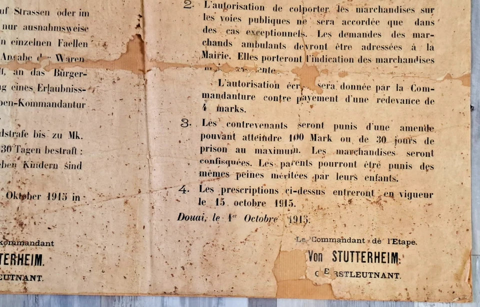 Affiche allemande Bekanntmachung / Avis Douai 1er octobre 1915