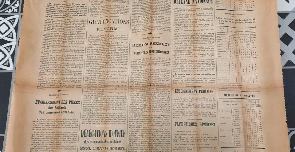 Affiche Journal Officiel édition des communes datée du 4 avril 1915