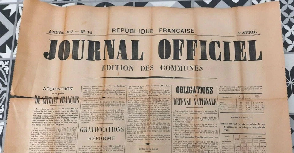 Affiche Journal Officiel édition des communes datée du 4 avril 1915