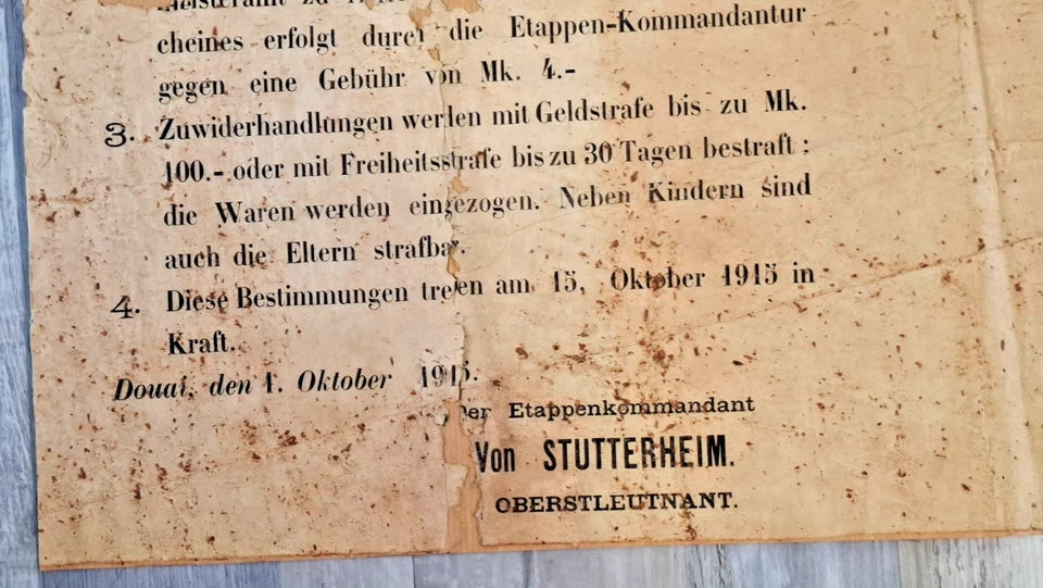 Affiche allemande Bekanntmachung / Avis Douai 1er octobre 1915