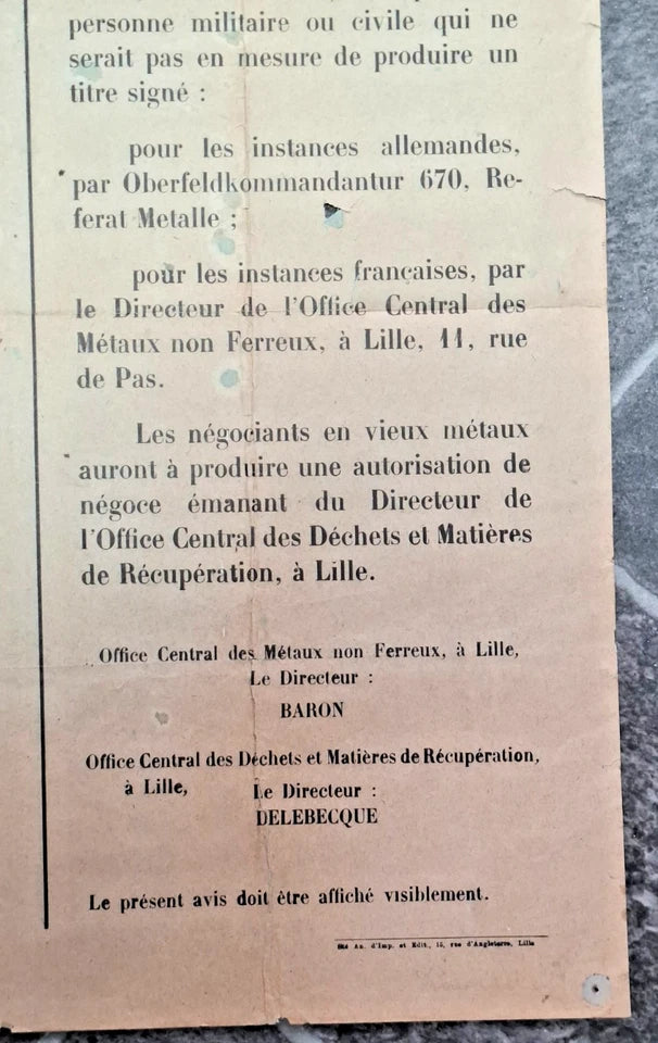 Affiche allemande Interdiction de vendre des métaux non ferreux Oberfeldkommandantur 670 Lille 1940-1944
