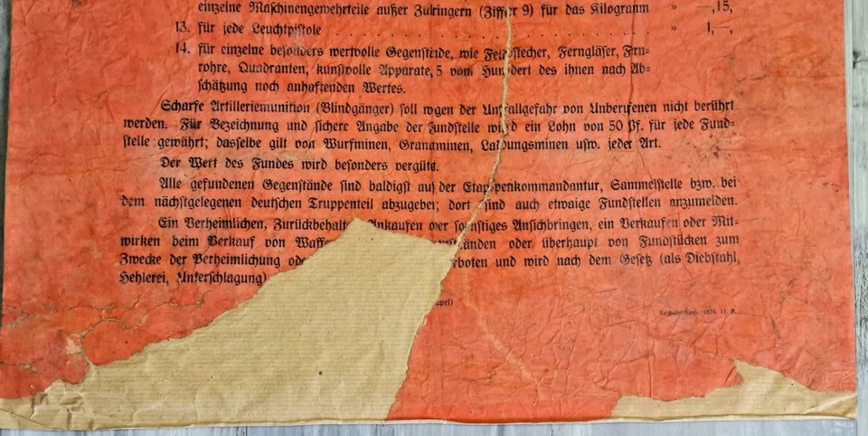 Affiche allemande Auszahlung von Finder- und Bergelohn 1914-1918