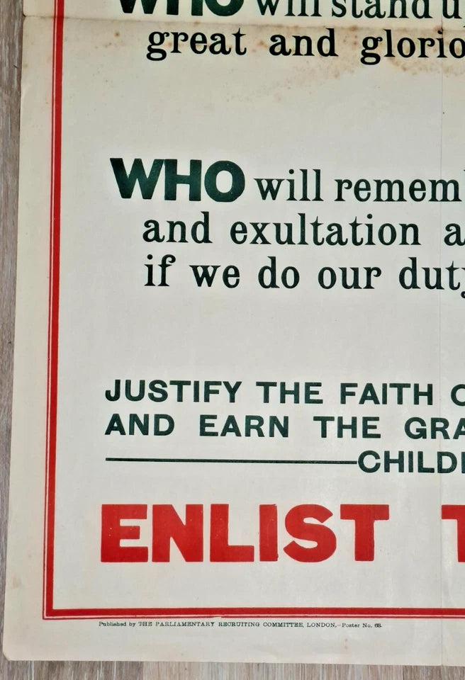 "Enlist To-day" genuine WW1 Army recruiting poster
