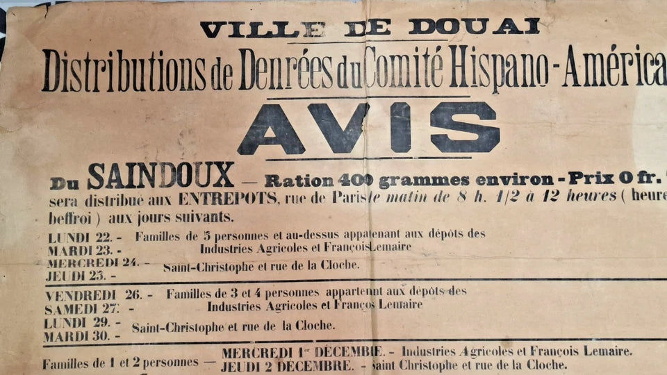 Affiche distributions de denrées du Comité Hispano-Américain Douai novembre 1915 M