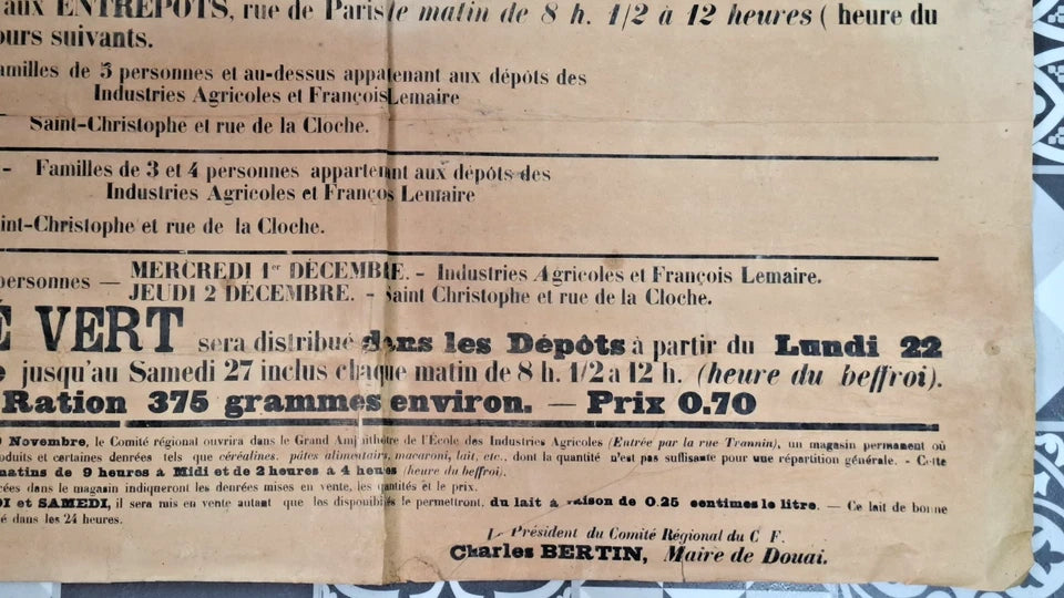 Affiche distributions de denrées du Comité Hispano-Américain Douai novembre 1915 M